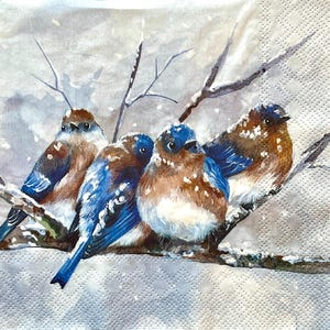 3 serviettes pour découpage, oiseaux d'hiver branche enneigée câlin 13 x 13 po déplié