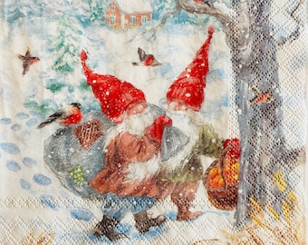 3 Decoupage Napkins Christmas Tomte Nisse Gnomes Hey Ho, 13" x 13" unfolded