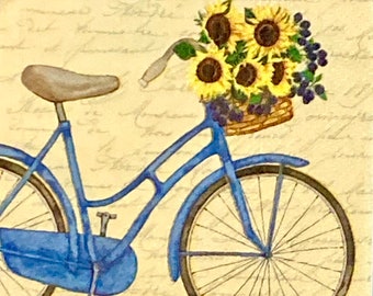 3 Decoupage Beverage Napkins,  Blue Bicycle Sunflowers Basket, 10" x 10" Unfolded