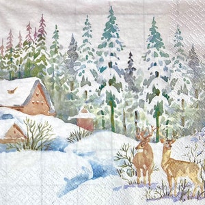 3 Decoupage Napkins, Pair of Winter Deer in Snowy Forest Watercolor 13&quot; x 13&quot; unfolded