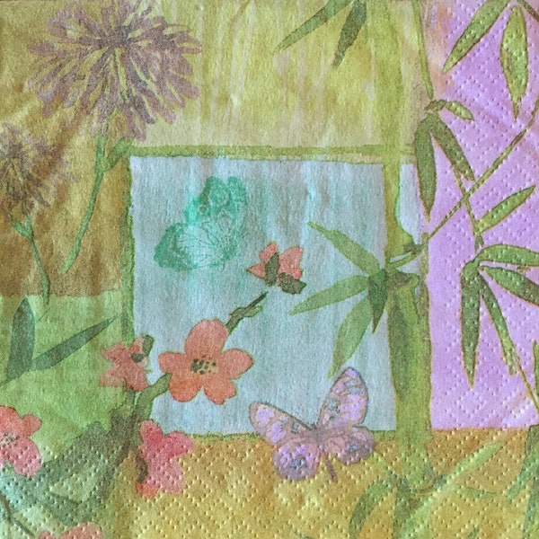 3 Decoupage Beverage Napkins, Bamboo Garden Collage Serenity Green, 10" x 10" Unfolded