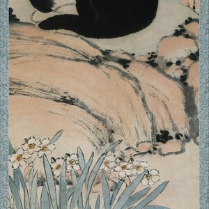 May include: A black and white cat sits on a rock with a pink flower behind it. The cat is looking to the left. There are white flowers with green leaves in the foreground. The text "猫 戏 春 趣" is written in black ink on the top right of the image.