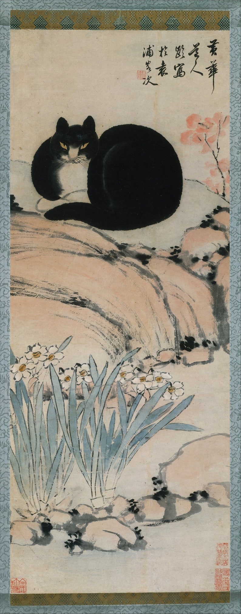 May include: A black and white cat sits on a rock with a pink flower behind it. The cat is looking to the left. There are white flowers with green leaves in the foreground. The text "猫 戏 春 趣" is written in black ink on the top right of the image.