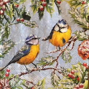 3 serviettes de boisson découpées, oiseaux jaunes bleus sur neige de branche d’arbre d’hiver, 10 » x 10 »