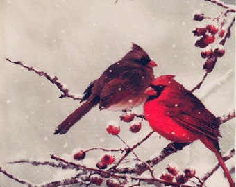 3 servilletas para decoupage, Cardenales, ramas nevadas, frutos rojos, 33 x 33 cm, sin doblar