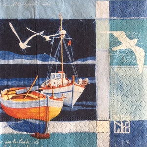 3 tovaglioli decoupage per bevande, barche oceano gabbiani 25,4 x 25,4 cm aperto