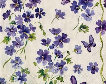 3 Decoupage Beverage Napkins Violets Purple Spring 10" x 10" Unfolded