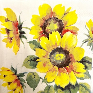 3 Decoupage Napkins, Watercolor Sunflowers 13&quot; x 13&quot; unfolded