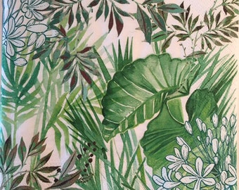 3 Decoupage Napkins, Tropical Green Plants Leaves, 13" x 13"