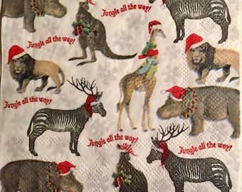 3 servilletas de bebidas navideñas, animales Santa Hats Jungle Bells, 10" x 10"