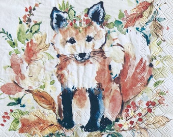 3 Decoupage Beverage Napkins, Sweet Autumn Fox, 10" x 10" unfolded