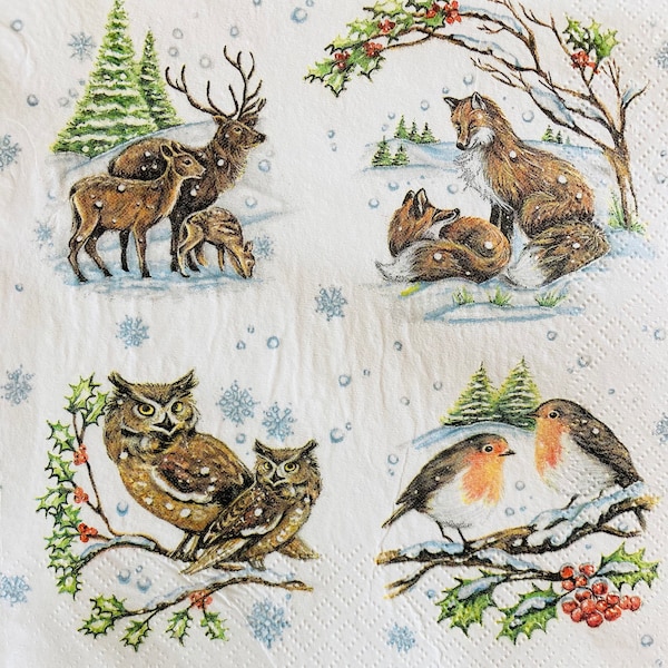 3 Decoupage Napkins Snowy Winter Animals, 13" x 13" unfolded