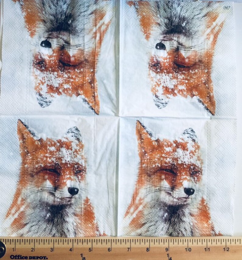 3 Decoupage Napkins Winter Fox Snow 13 X 13 Etsy