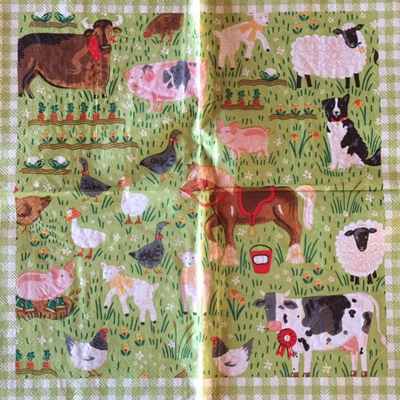 3 Decoupage Napkins Farm Animals Border Collie Green Etsy