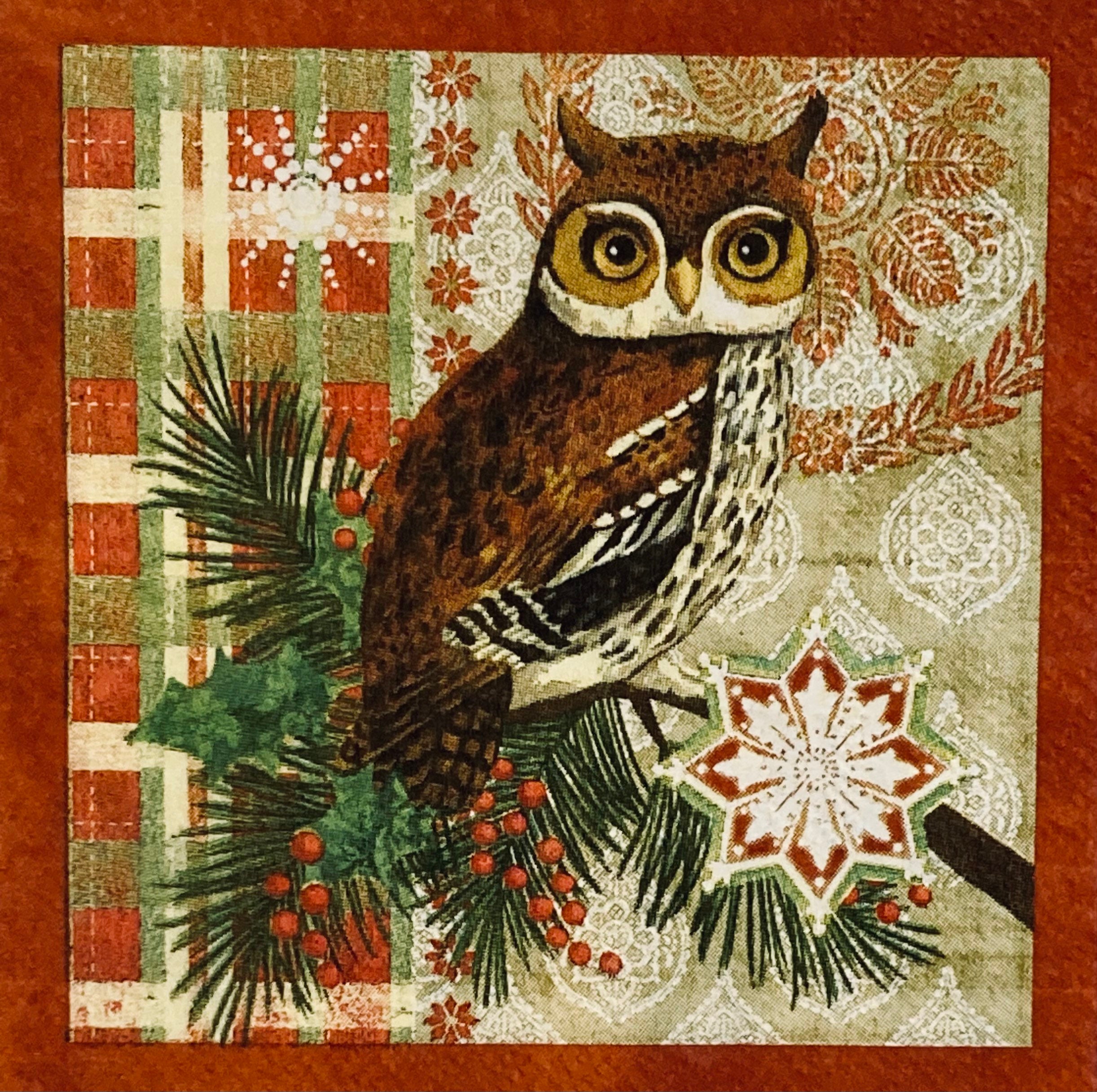 3 Decoupage Beverage Napkins, Festive Christmas Owl Collage, 10" x 10" Unfolded