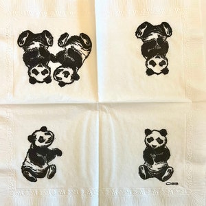 3 Vintage Servietten für Servietten, Servietten, niedliche Pandas Zeichnung, 25,5 x 25 cm ungefaltet