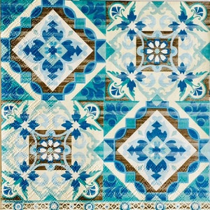 3 Decoupage Servetten, Mooie Tegels Blauw Groen, 13" x 13" uitgevouwen