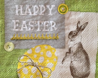 3 Decoupage Luncheon Napkins, Bunny Happy Easter Green 13" x 13"