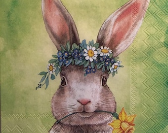 3 Decoupage Napkins, Easter Bunny Rabbit Friend Floral Crown Daffodil, 13&quot; x 13&quot; Unfolded