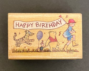 All Night Media 732F Disney Classic Winnie the Pooh Happy Birthday Banner Wood Mounted Rubber Stamp, Used