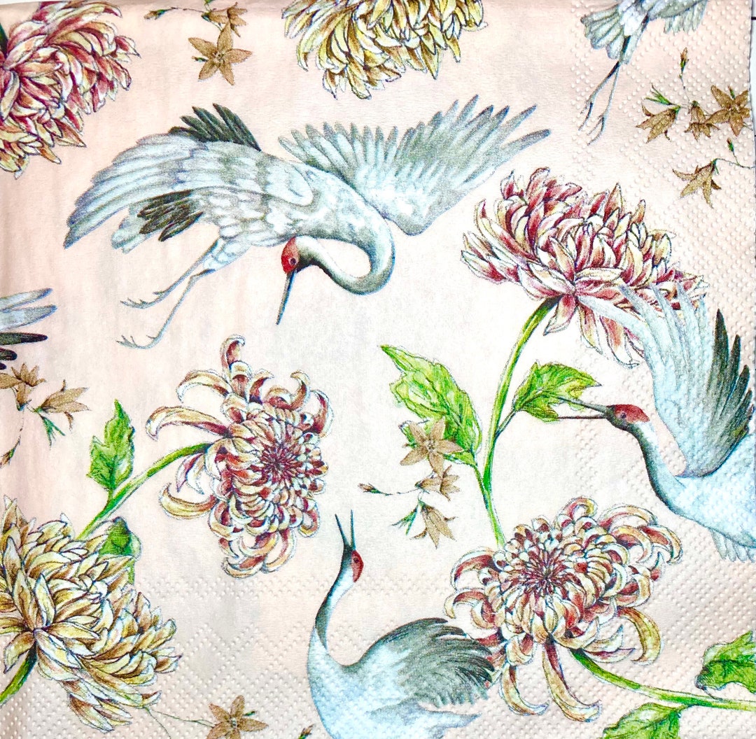 3 Decoupage Napkins Beautiful Cranes Chrysanthemums 13 Etsy Singapore