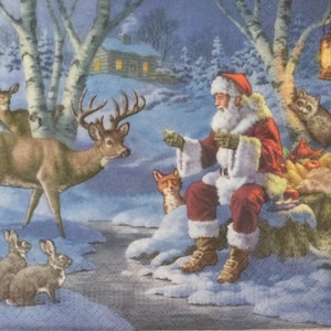 3 serwetki świąteczne do decoupage'u, Święty Mikołaj w lesie ze zwierzętami, 13" x 13" po rozłożeniu