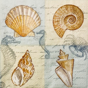 3 Servilletas de bebidas Decoupage, Sketchbook Ocean Seashells Blue, 10 "x10" desplegado