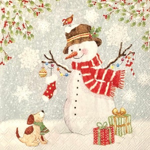 3 Decoupage Luncheon Napkins, Snowman with Friends 13" x 13" Unfolded