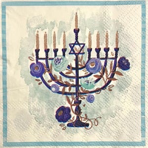 3 serviettes de table pour servir de découpage, Hanoucca aquarelle florale délavée Menorah Hanukia, 10 x 10 po. dépliée