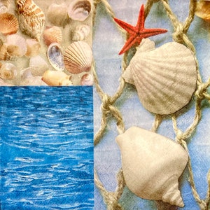 3 servilletas de decoupage, conchas marinas de verano del océano azul, 13" x 13" desplegadas