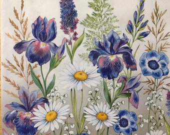 3 Decoupage Napkins, Mixed Meadow Spring Garden Flowers 13&quot;x13&quot; Unfolded