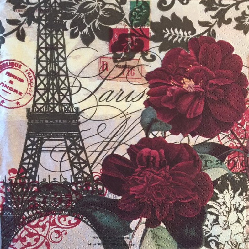 3 Decoupage Napkins Art Paris Purple Roses Eiffel Tower Etsy