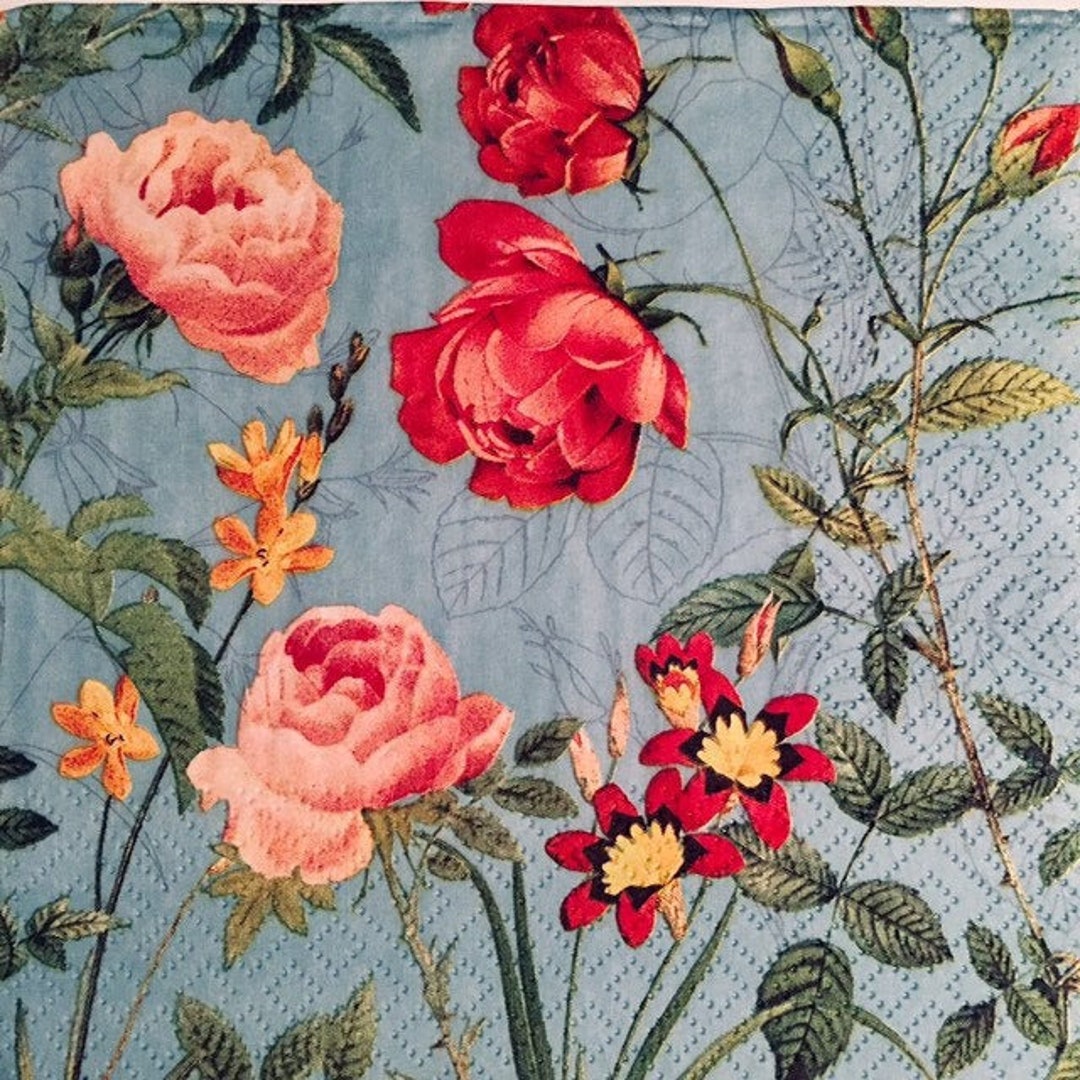 3 Decoupage Napkins, Turquoise Mademoiselle Roses Floral 13 X 13
