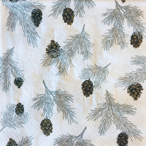 3 Decoupage Napkins, Pine Branches Pinecones Gray, 13&quot; x 13&quot; unfolded