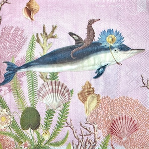 3 servilletas de decoupage, Miss Dolphin Pink Shells Ocean Fantasy 13" x 13" desplegadas