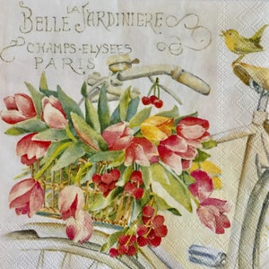 3 serwetki do napojów decoupage, tulipany, kosz na kwiaty w kształcie roweru, 10" x 10" rozłożone