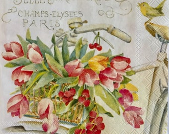 3 Decoupage Beverage Napkins, Tulips Bicycle Flower Basket 10" x 10" unfolded