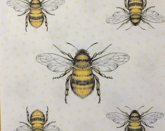 3 Decoupage Napkins, Three Sizes of Honey Bees 13&quot; x 13&quot; unfolded