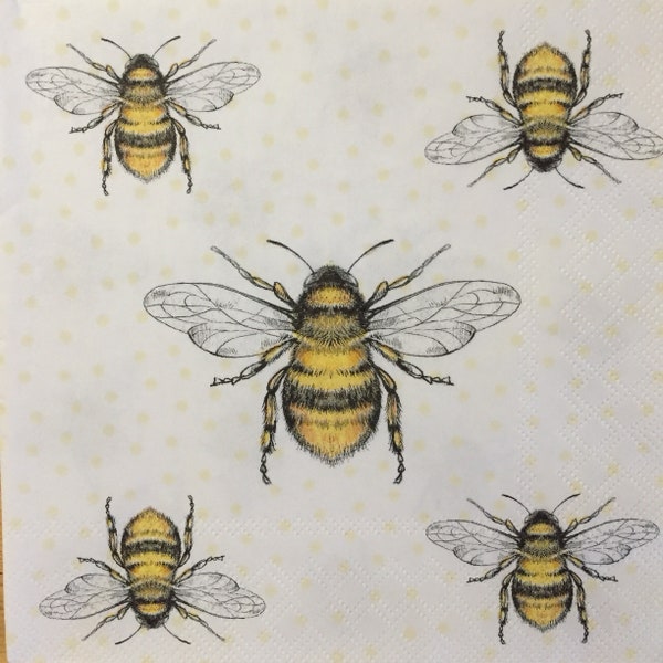 3 Decoupage Napkins, Three Sizes of Honey Bees 13" x 13" unfolded