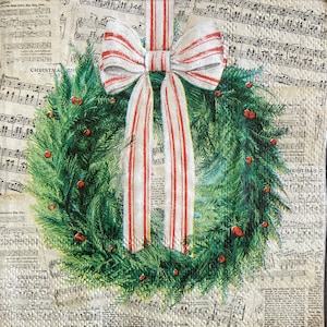 3 Decoupage Getränkeservietten, Weihnachtsmusik Kranz Grün 10" x 10" aufgeklappt