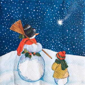3 decoupage kerstlunchservetten, winternachtsneeuwpop 13 x 13 inch, uitgevouwen