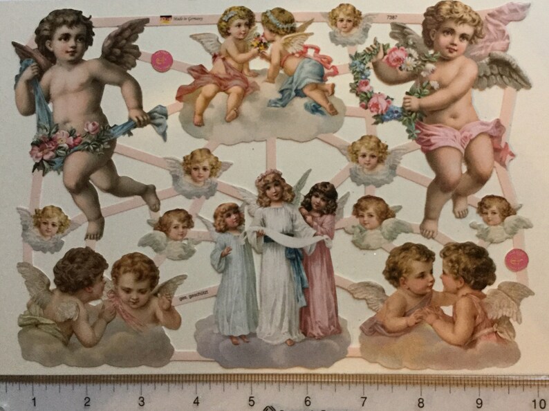 SCRAP RELIEFS Vintage Angel Cherub Children Christmas 1 sheet 7387 Embossed Die Cuts Made in Germany image 1