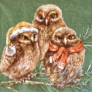 3 guardanapos de decoupage, três corujas de inverno aquecidas juntas, 13" x 13" desdobrados