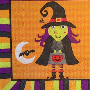 3 Decoupage Luncheon Napkins, Halloween Fun Witch Black Bats, 13&quot; x 13&quot;