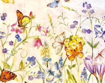 3 Decoupage Lunch Napkins, Butterfly Blossoms Meadow, 13" x 13" unfolded