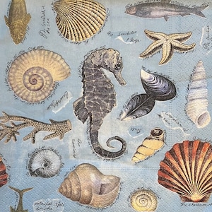 3 servilletas de decoupage, conchas caballito de mar azul collage 13" x 13" desplegado