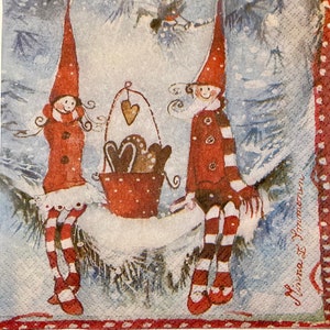 3 Decoupage Weihnachtsservietten Minna Immonen Finnland Weihnachtswichtel Freunde, 13" x 13" aufgeklappt