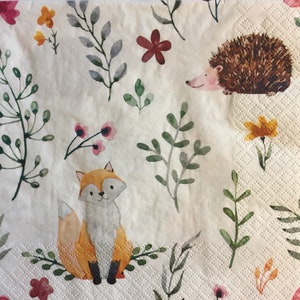 3 serviettes de table à servir, animaux hérisson renard des forêts, 33 x 33 cm déplié