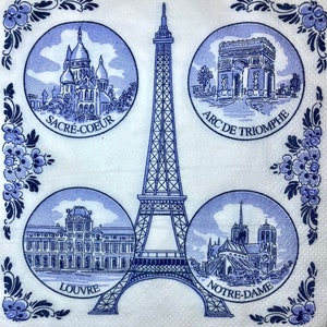 3 serviettes de découpage, quatre icônes des monuments de Paris bleu blanc 13" x 13" dépliées