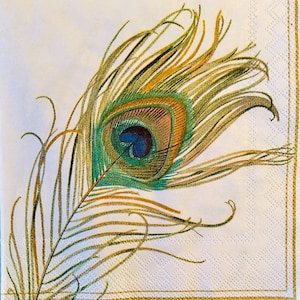 3 Servietten für Decoupage Getränke, mit schönen Pfauenfedern, ungefaltet 25cm x 25cm